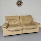 Old 2-seater beige leather sofa designed by Carl Larsson De Sede, vintage 80s