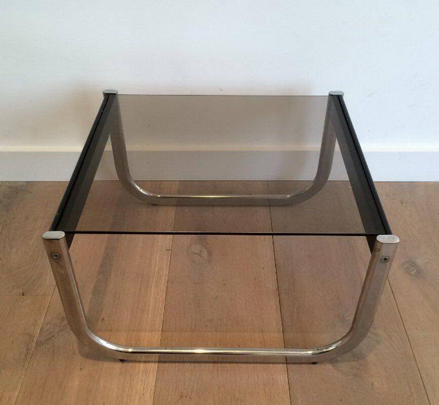 Pair of side tables in chrome, blackened wood and glass