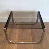 Pair of side tables in chrome, blackened wood and glass