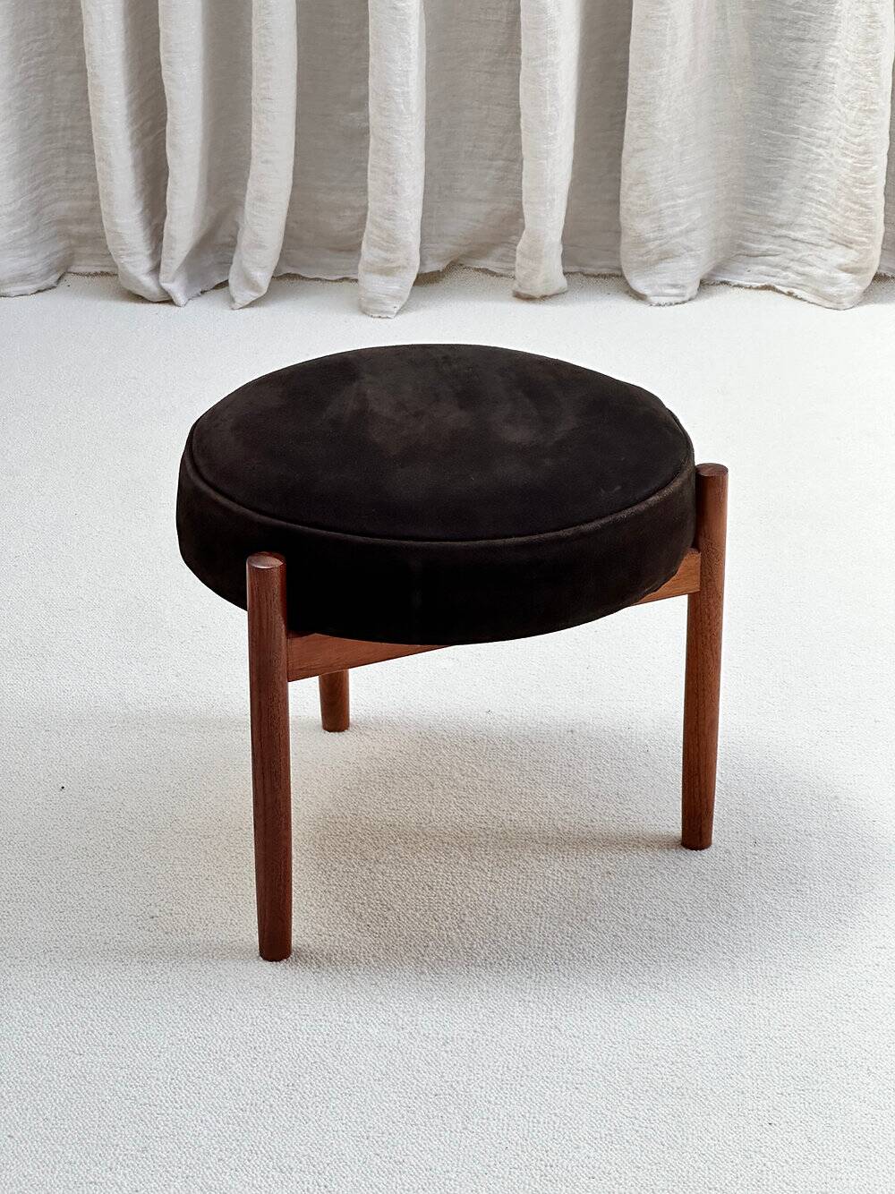 Teak and suede footstool, Hugo Frandsen, Spottrup Mobelfabrik, Denmark