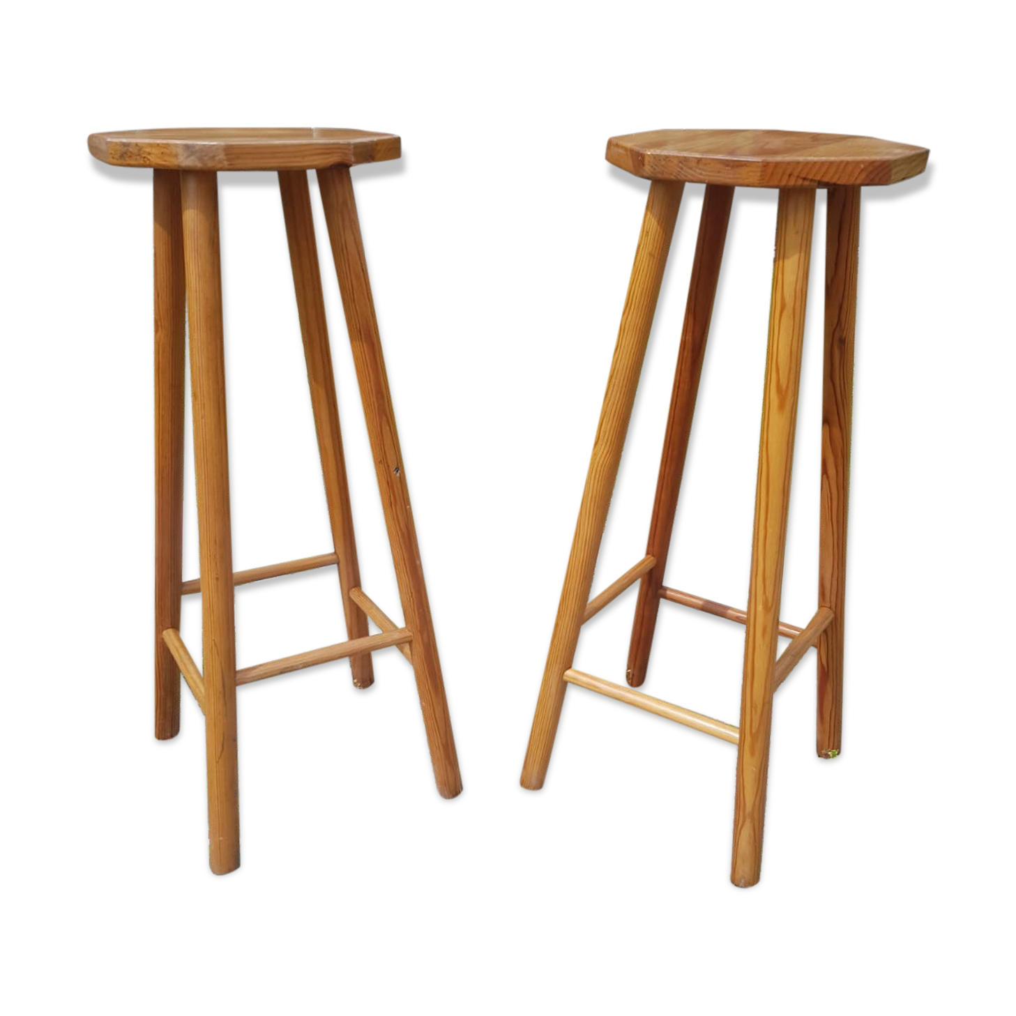 Pair wooden top stool seated bar hexagonal vintage