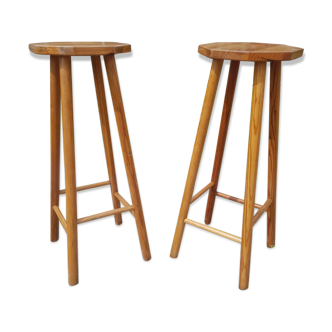 Pair wooden top stool seated bar hexagonal vintage