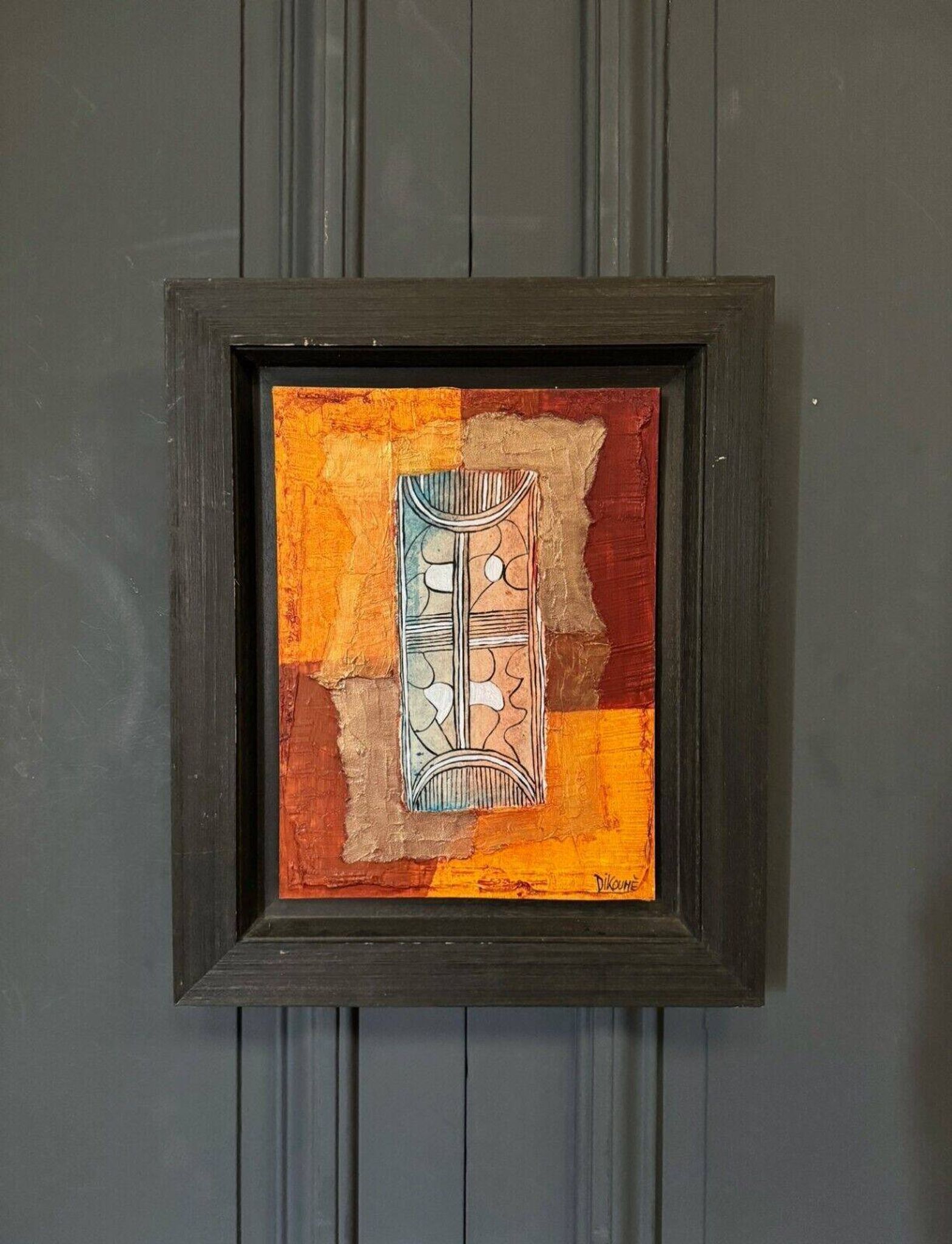Huile sur toile composition moderne Manuela Dikoumé XXe cadre noir