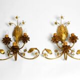Pair of gold plated Italian 1980's floral Regency Murano glass sconces