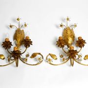 Pair of gold plated Italian 1980's floral Regency Murano glass sconces