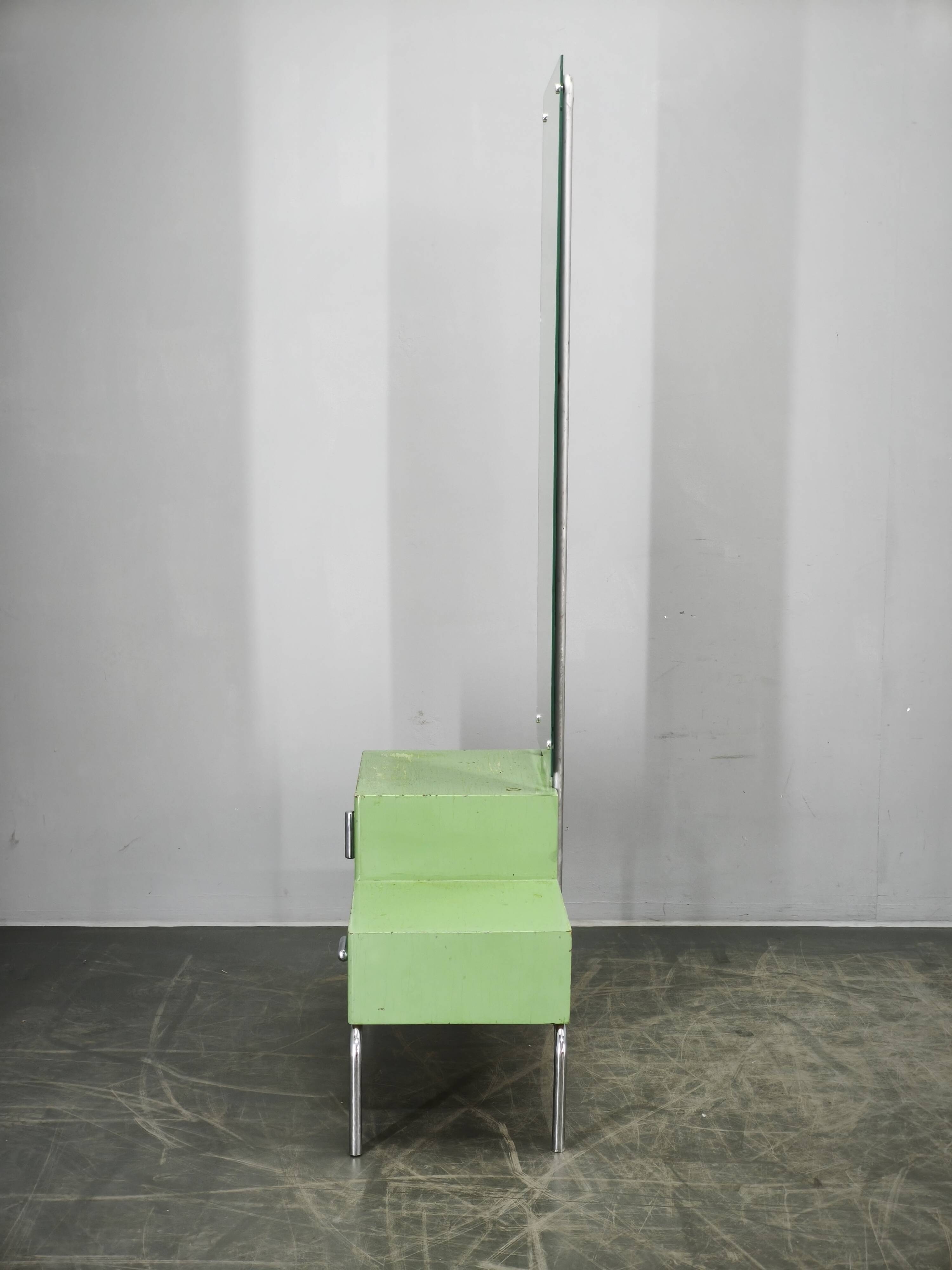 Bauhaus Czech Green Vanity Table with Mirror and Chrome Frame, 1930s