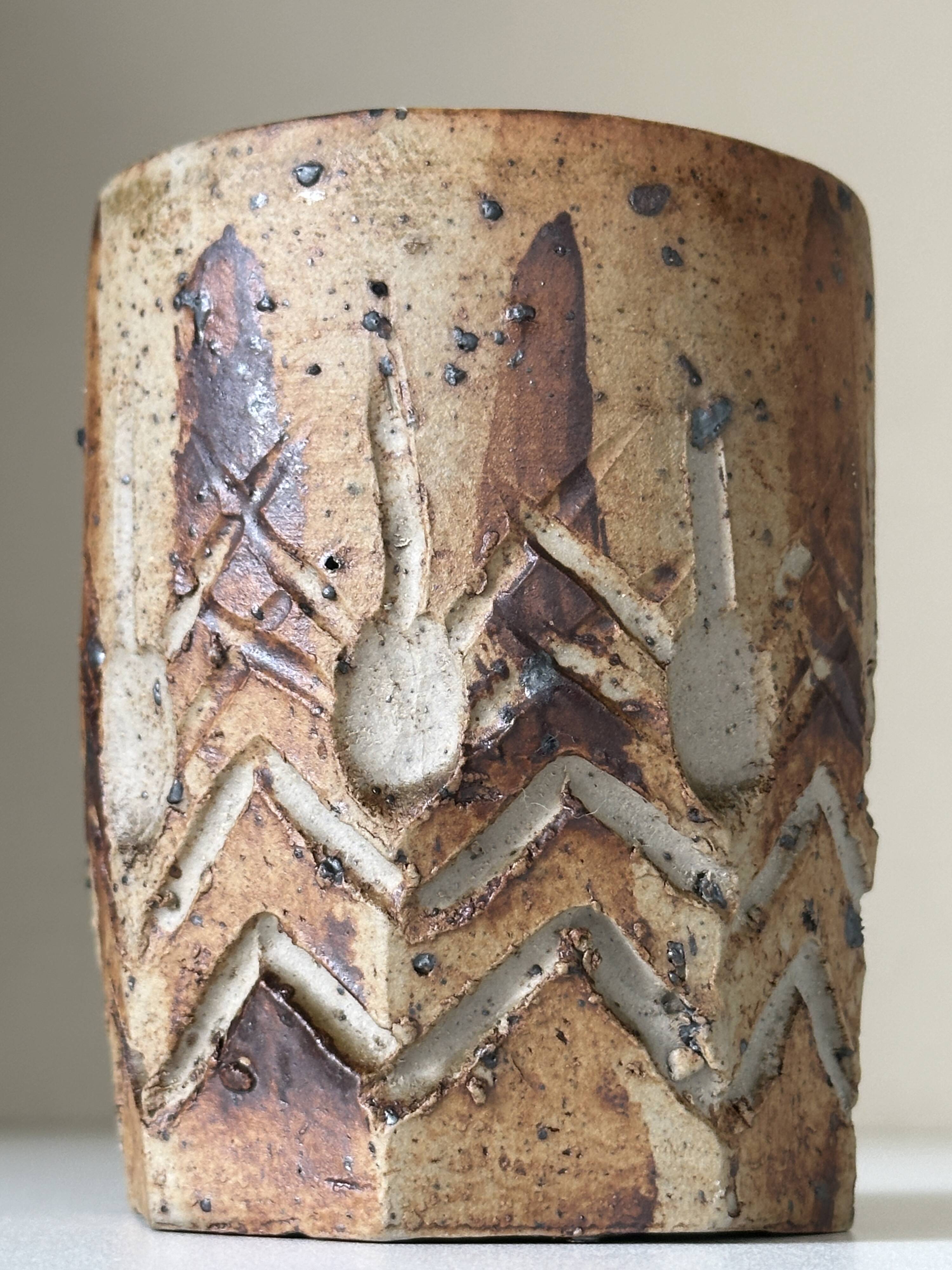 Vintage scarified stoneware vase pot from the 60s