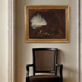 Antique Genoese painting from the 18th century, monks praying in a cave