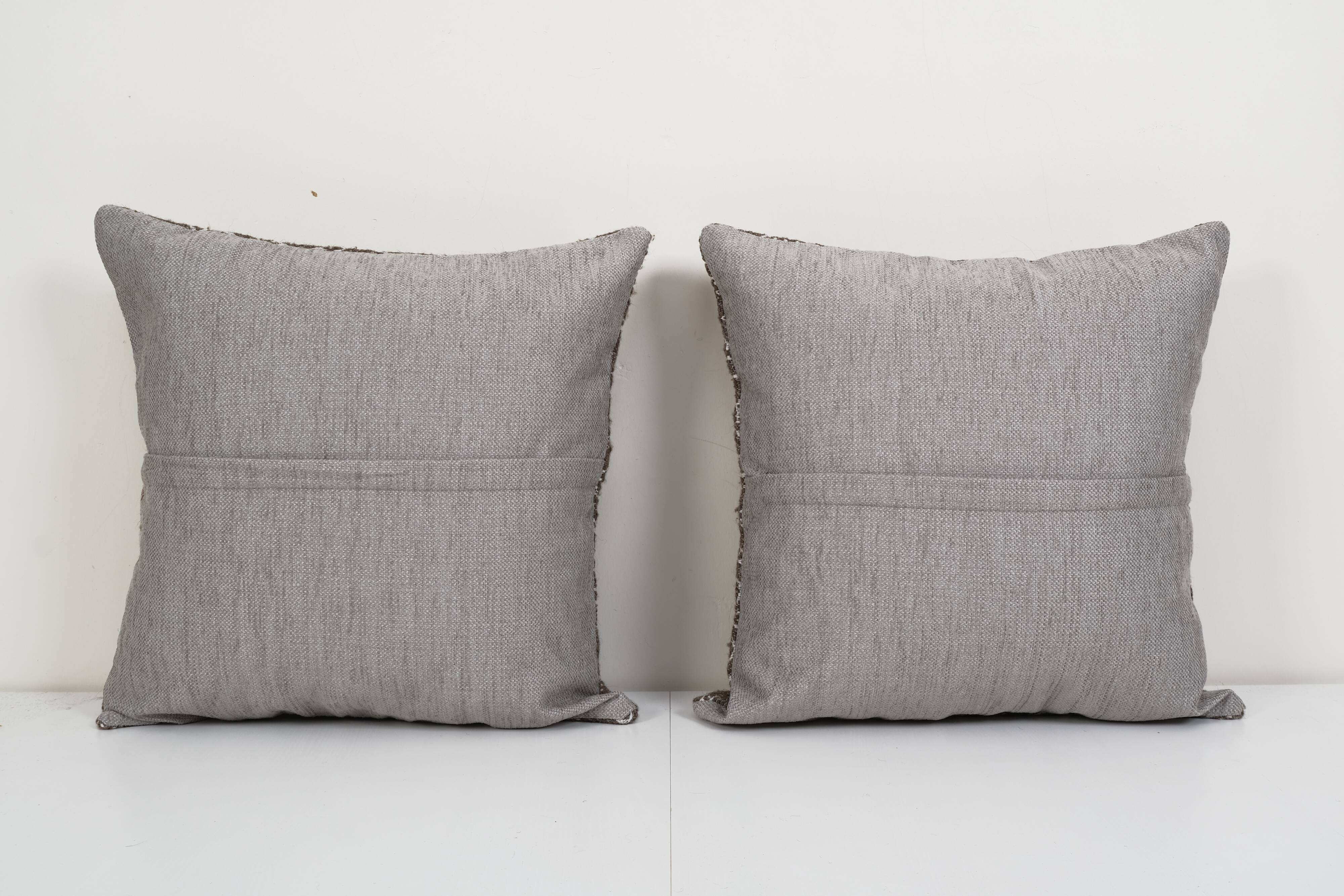 Vintage turkish handmade large cushion, pair flat-weave kilim rug pillow, set of two vintage wool