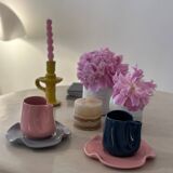Set of mugs and cups, water lily, handmade ceramic, pop, petrol blue