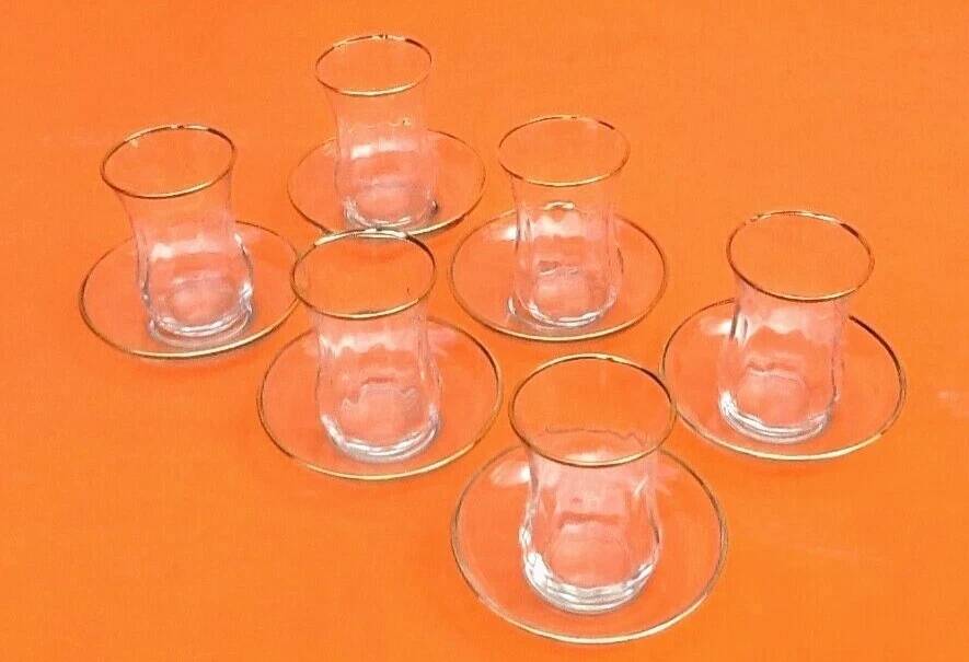 Tea service for 6 glasses / 6 saucers, transparent glass with gilding.