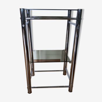 Vintage 70s shelf on legs. Chrome structure and smoked glass.