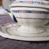 Antique sauceboat with lid in Gien earthenware, Rouen and dolphin decor