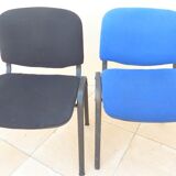 2 stackable chairs of black and blue fabrics