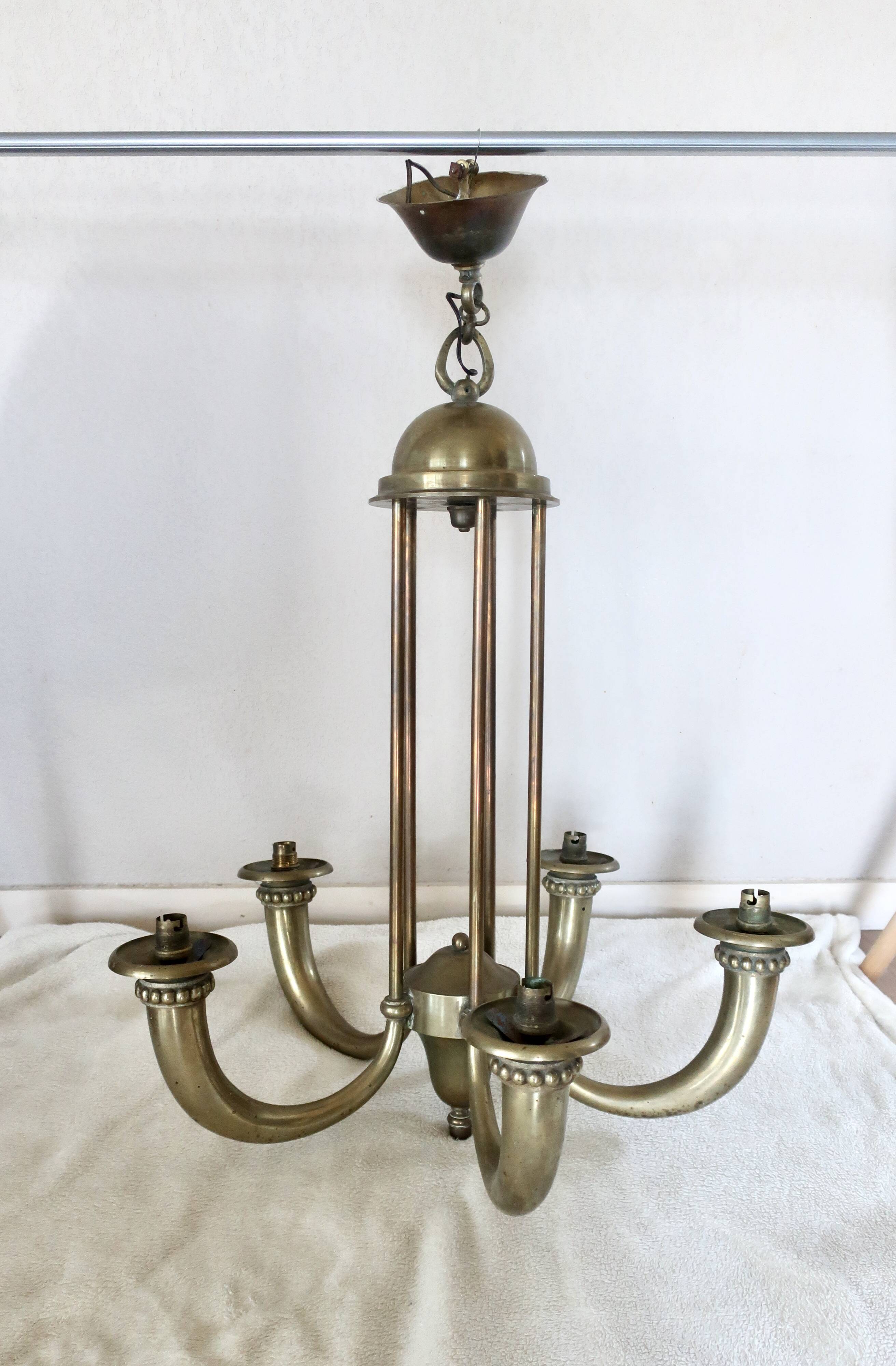 Art Deco chandelier in bronze and opaline by Jean Pascaud, 1940s.