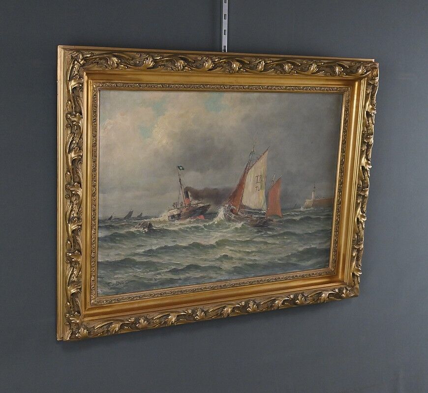 Painting "Entry to the Port in Rough Seas", oil on canvas, signed C. Demont – early 20th century