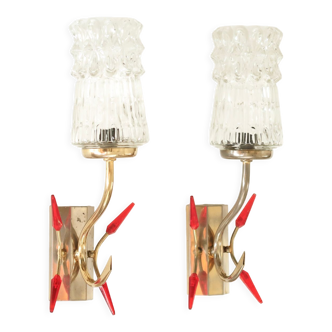 Pair of gold metal and glass sconces, 50s