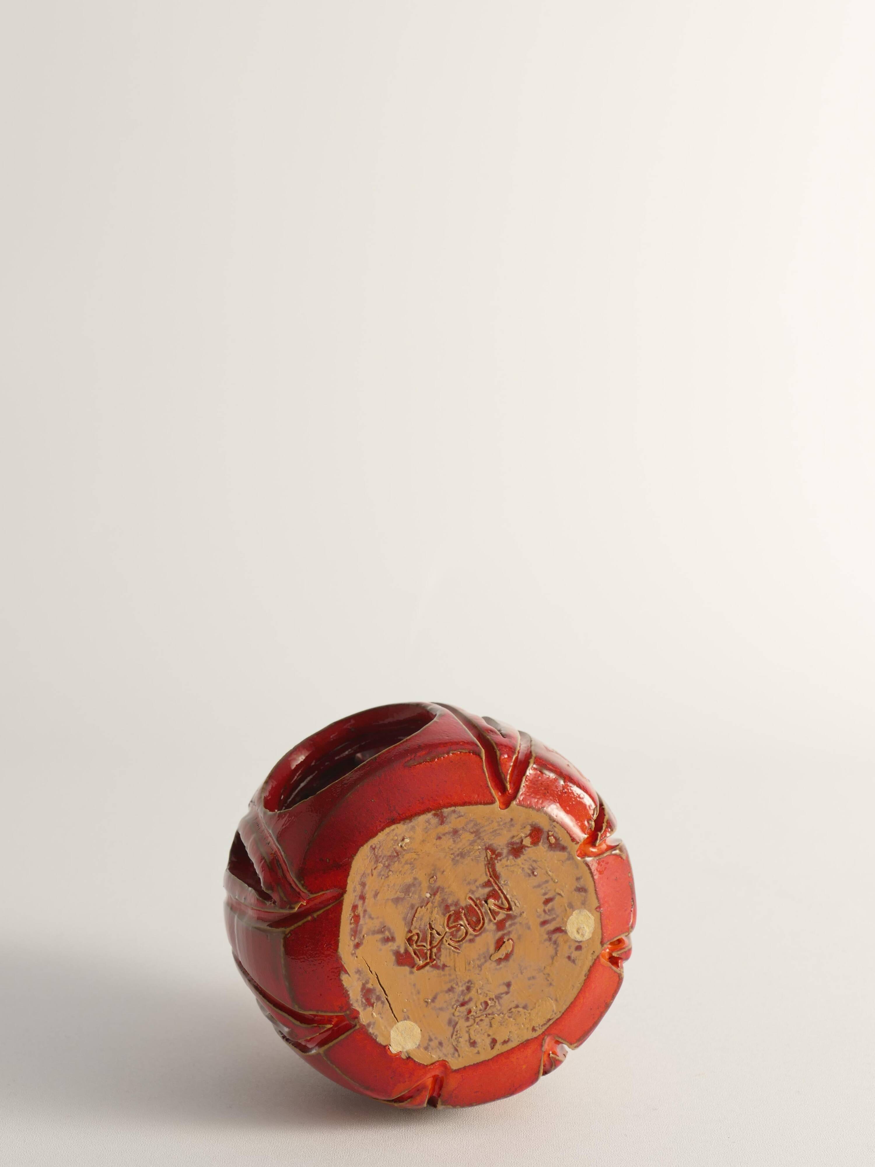 Lampe à bougie en céramique faite à la main couleur rouge homard, par Barbro Sundelin pour Basun Keramik