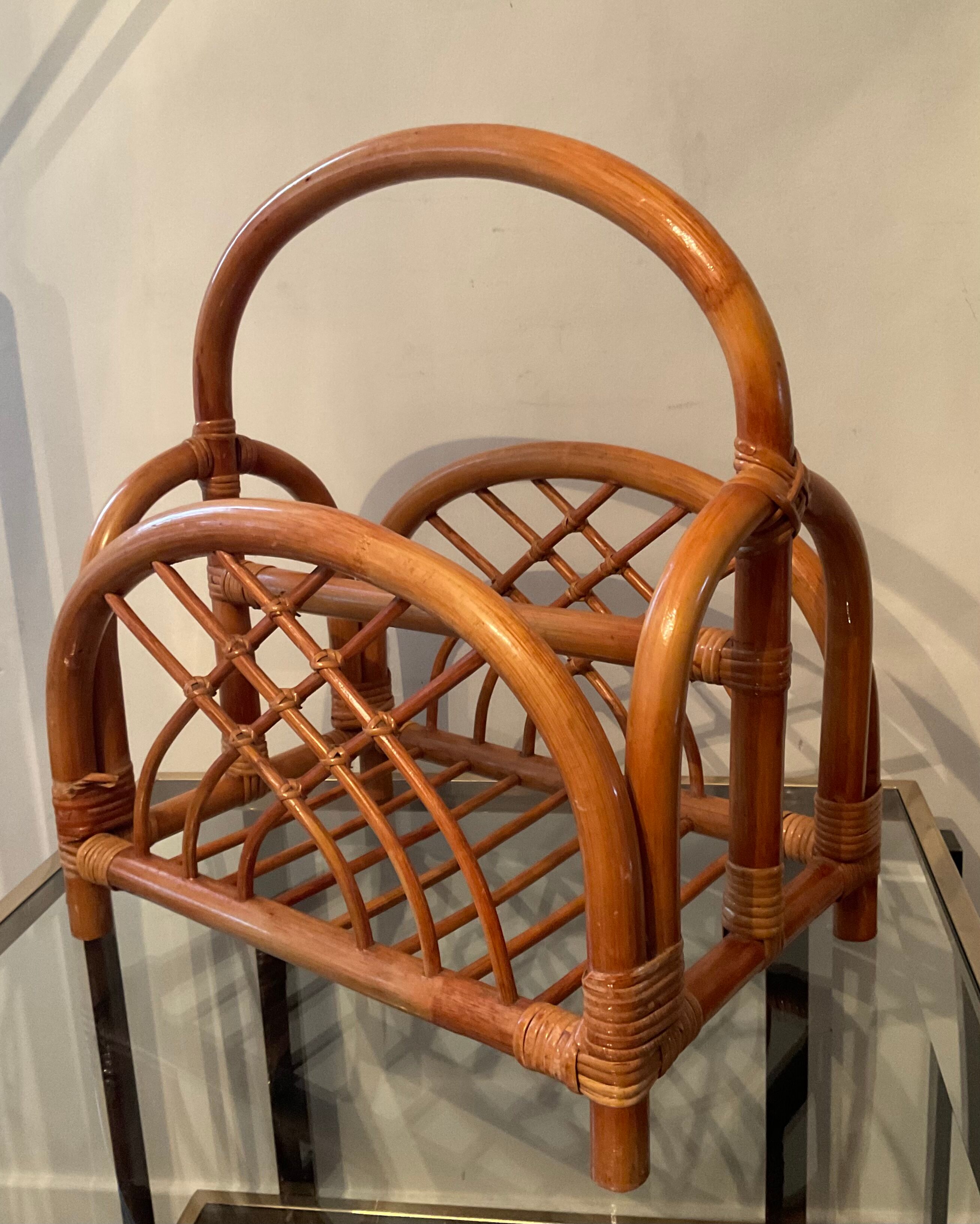 Vintage rattan magazine holder 70s