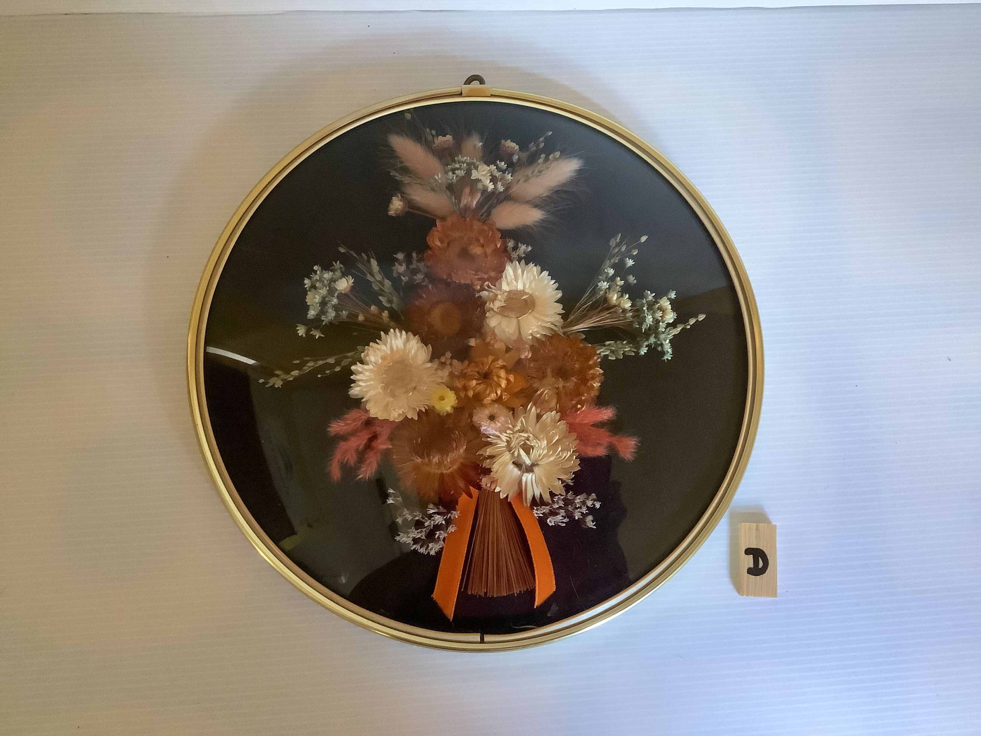 Old round frame curved glass dried flowers vintage