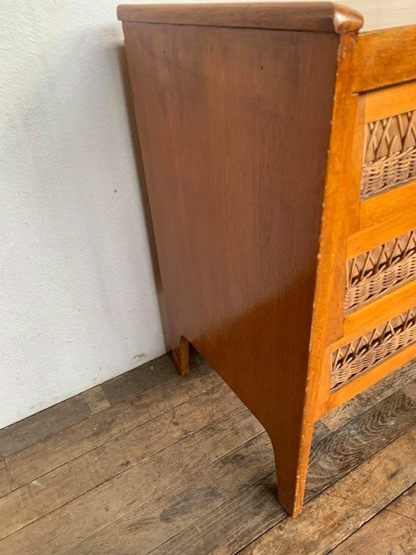 Modernist vintage chest of drawers in light chene has 3 drawers rattan top changing table