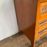 Modernist vintage chest of drawers in light chene has 3 drawers rattan top changing table