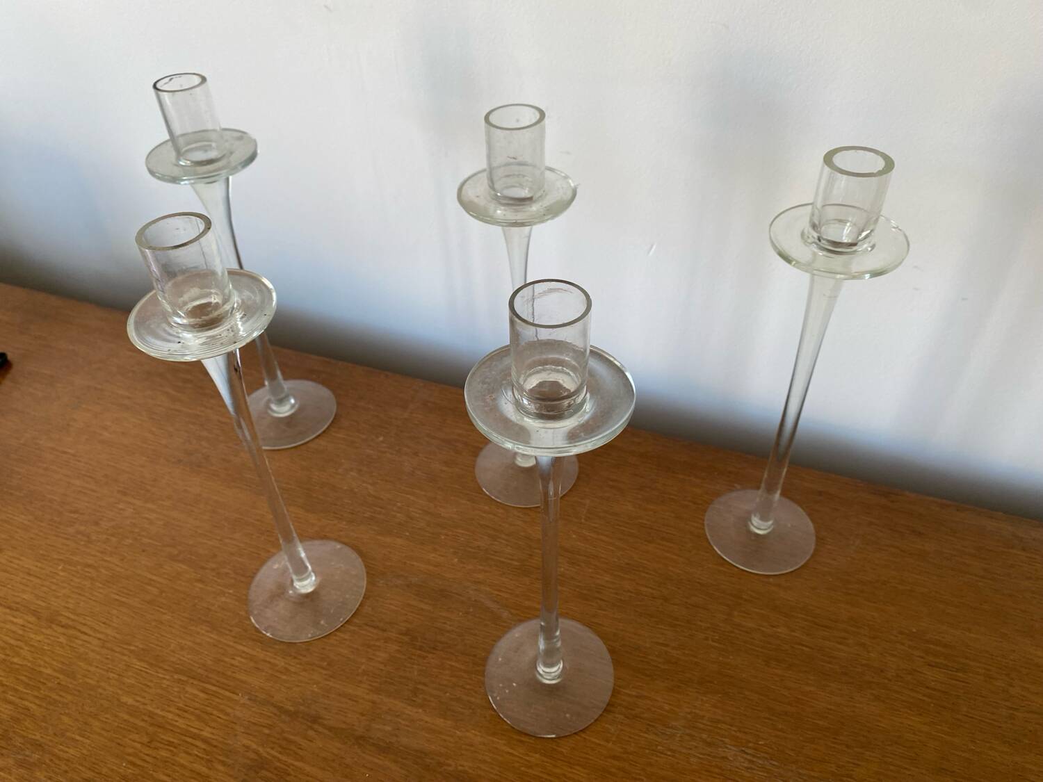 Set of 5 tulip candle holders in clear molded glass vintage decoration