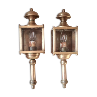 Paire d'appliques lanternes de fiacre en laiton et cuivre