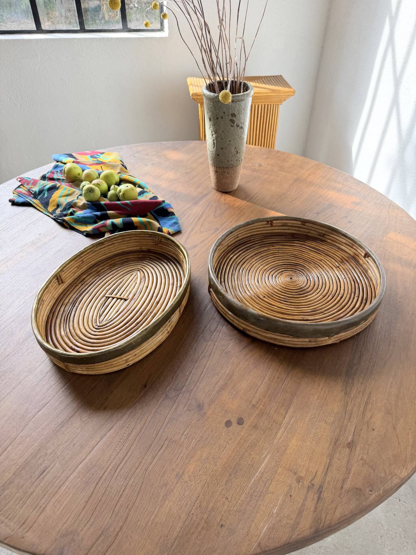 Round rattan and brass trays 1970 by Gabriella Crespi