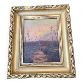 Painting XIX Landscape Sunset, Oil on Canvas
