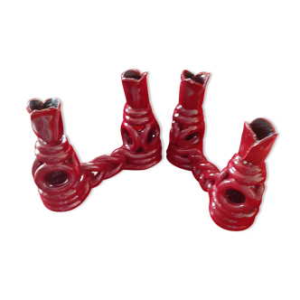 Pair of red ceramic candlesticks from the 50s