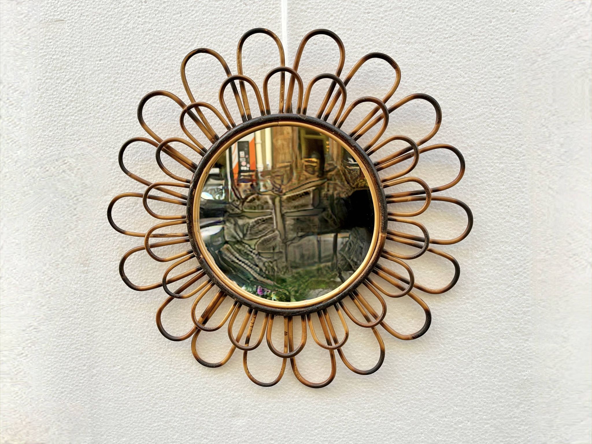 Round flower sun mirror in smoked wicker rattan vintage 1960s 1970s 47 cm folk