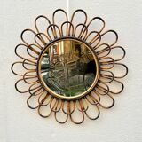 Round mirror flower sun in smoked rattan wicker vintage 1960 1970 47 cm folk