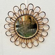 Round flower sun mirror in smoked wicker rattan vintage 1960s 1970s 47 cm folk