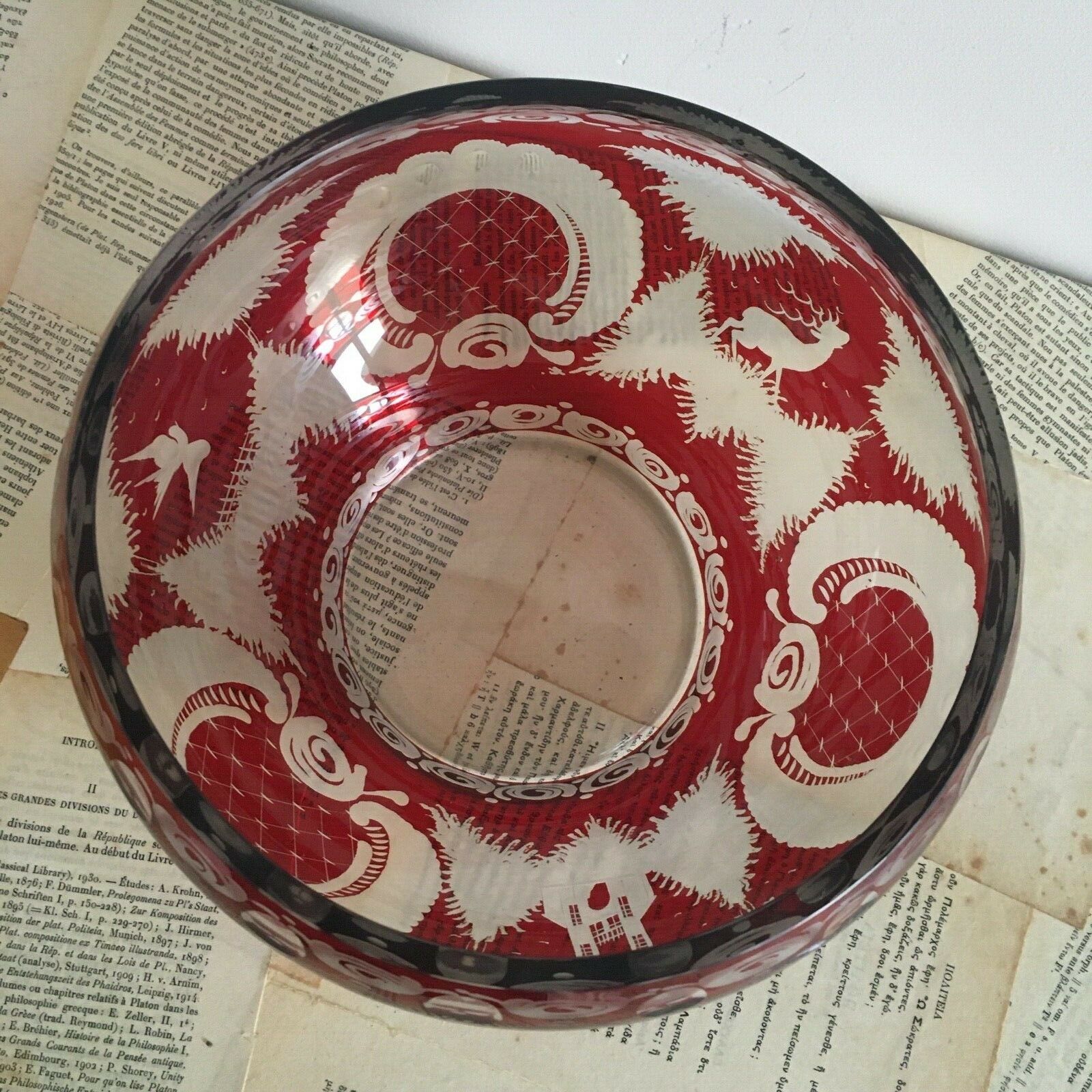 Old Cup Bohemian Crystal Bowl Cut & Engraved Ruby Red