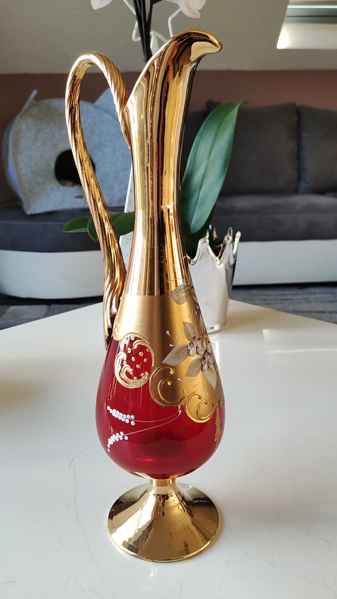 Vase/Ewer in blown Murano Art Glass/Trefuochi model, in ruby red & gold colours