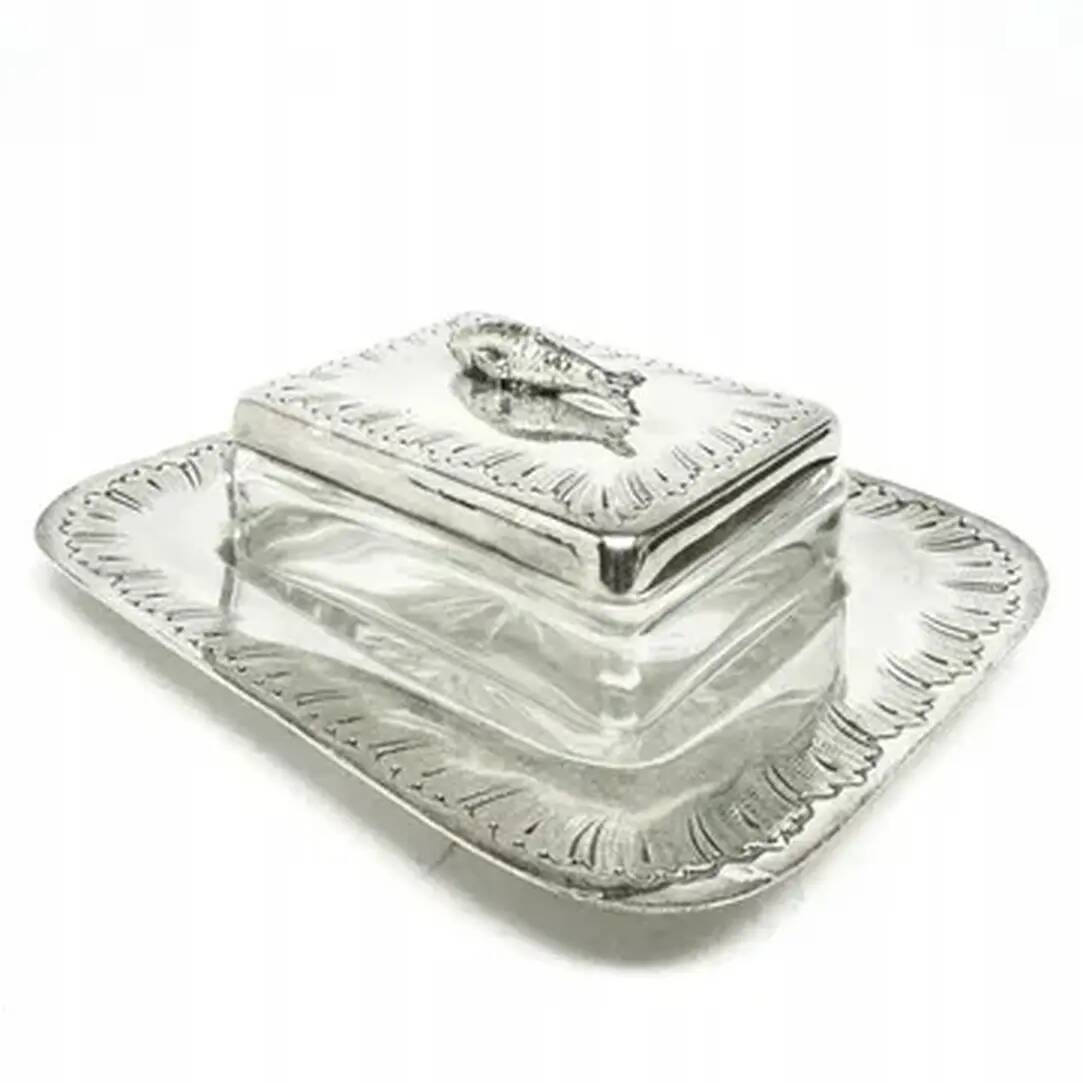 Art deco sardine container, silver-plated brass, crystal, belgium, 1930s