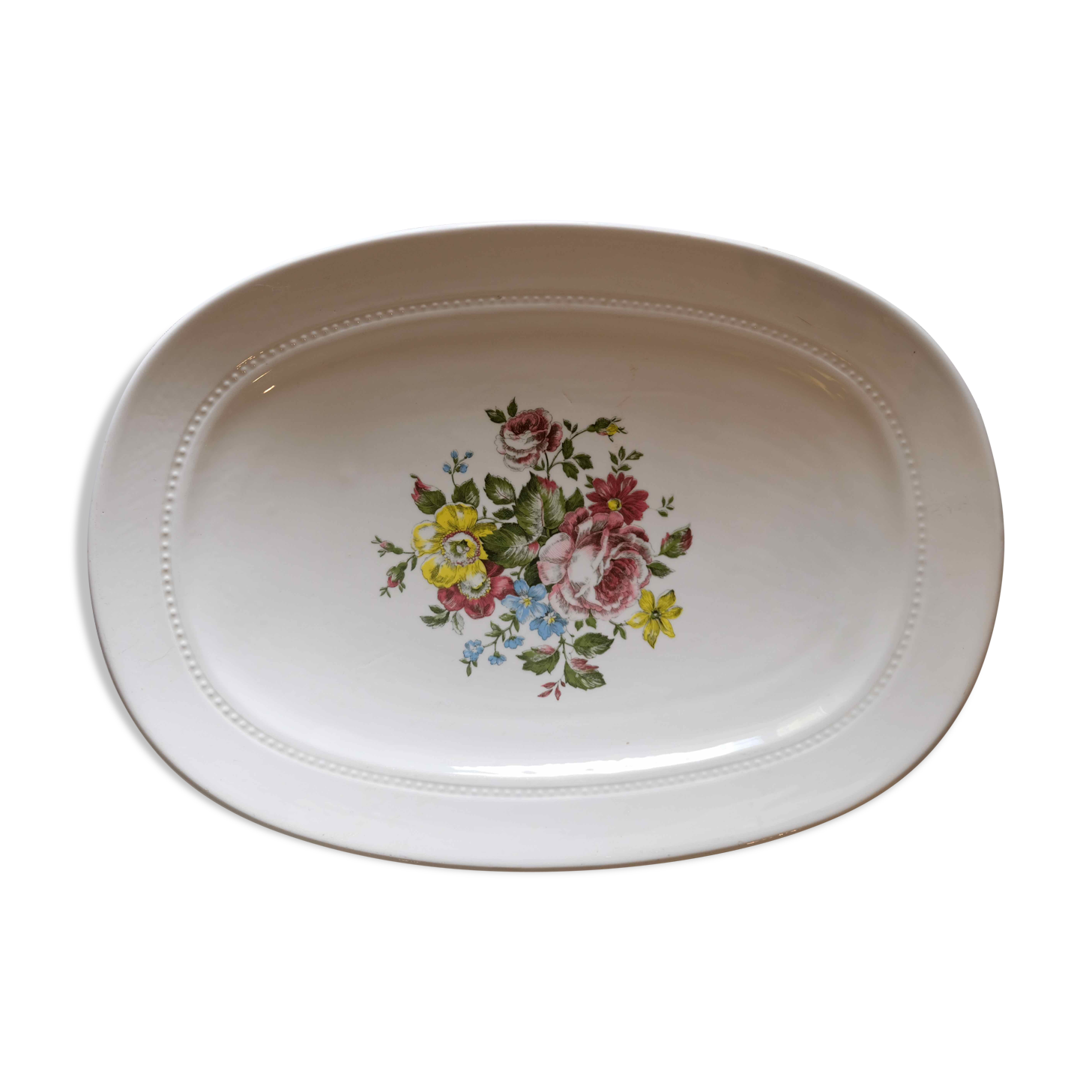 Flat faience of Lunéville China Keller & Guerin 1889 "Chaillot of Vercor" decoration in engraving enhanced drawing flowers