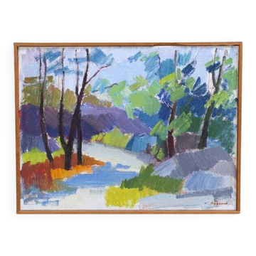 Original Swedish oil on canvas – “Saltsjöbadssommer” by Gustaf Höglund – 1969 – vintage & framed – 51 × 67 cm