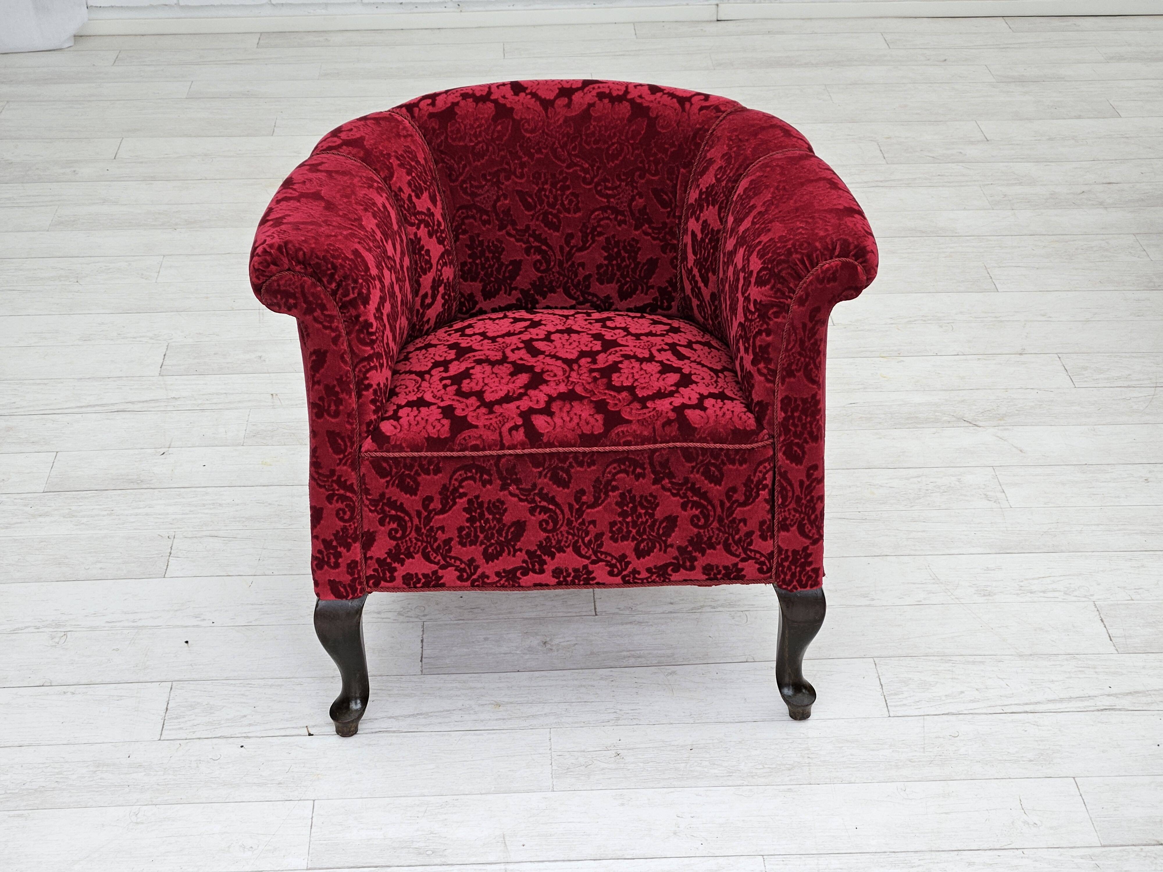 1950s, pair of two Danish lounge chairs, red cotton/wool fabric, beech wood.