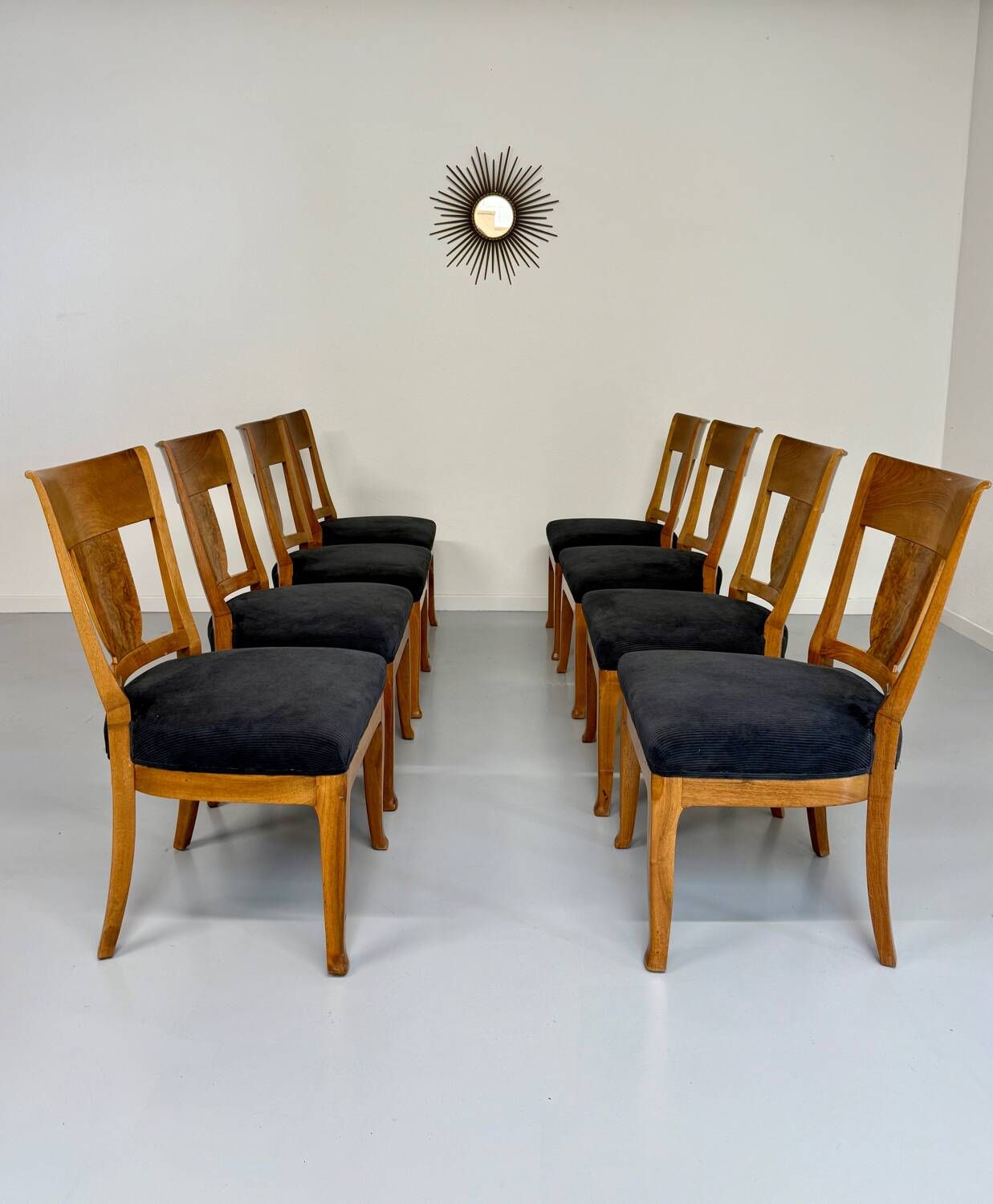 Set of 8 19th century Biedermeier art deco chairs in walnut with new upholstery