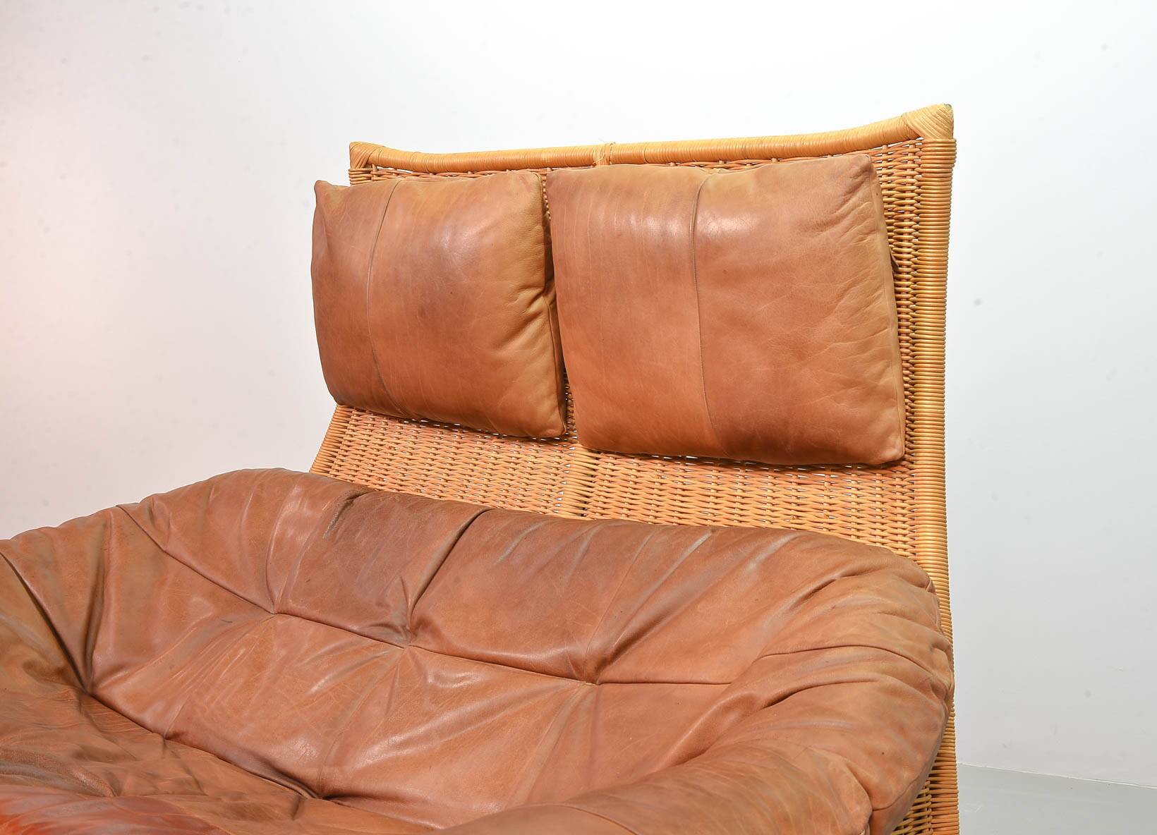 Gerard van de Berg Cognac Patchwork Leather 2-Seat Rockstyle Cane Sofa 70s