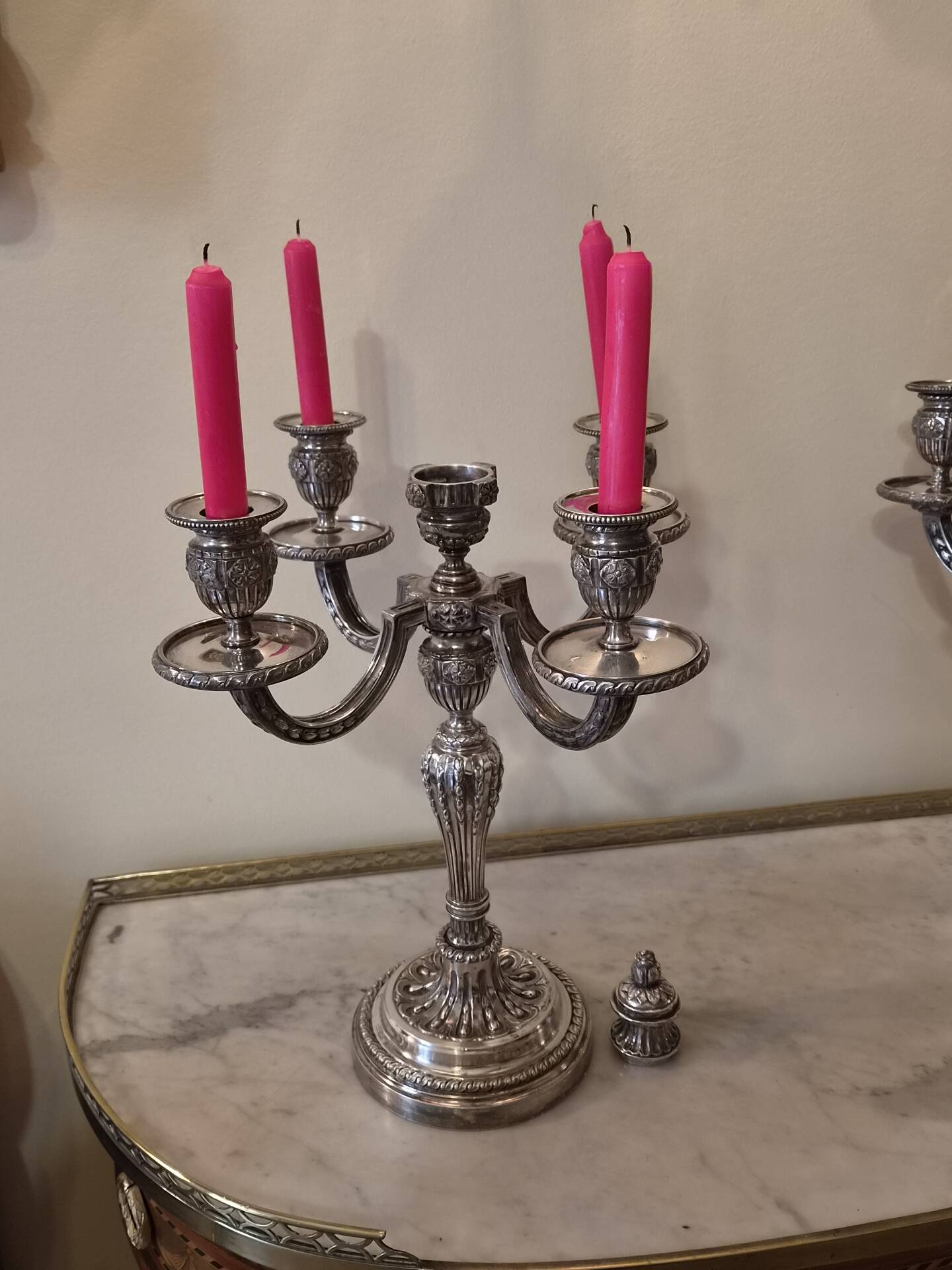Pair of four-light candelabra in silver-plated metal in Louis style.