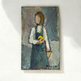 Oil on canvas "Young Girl with Fruit" 20th century, signed