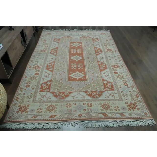1970s Vintage Turkish Handmade Wool & Cotton Orange Area Rug 254x358