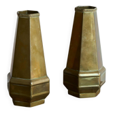 Pair of six hexagonal Art Deco vases in patinated brass from the 1930s.