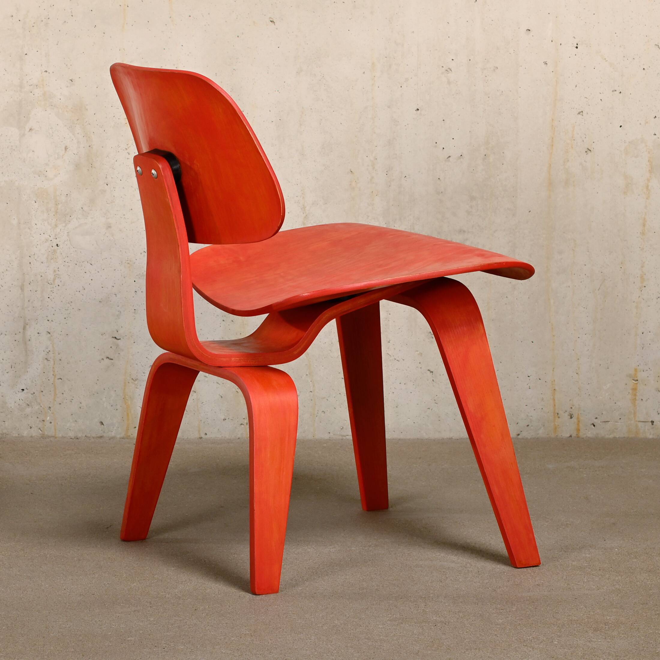 Charles & Ray Eames Early DCW Red aniline dye Ash Dining Chair for Evans Plywood
