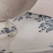 Gravy boat on foot in blue/green iron clay model "Mignon", H & Cie Sarreguemines