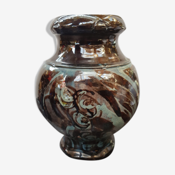 Old Ceramic Vase Brown & Blue Varnished Brilliant Vintage
