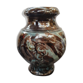 Ancien Vase Céramique Marron & Bleu Verni Brillant Vintage